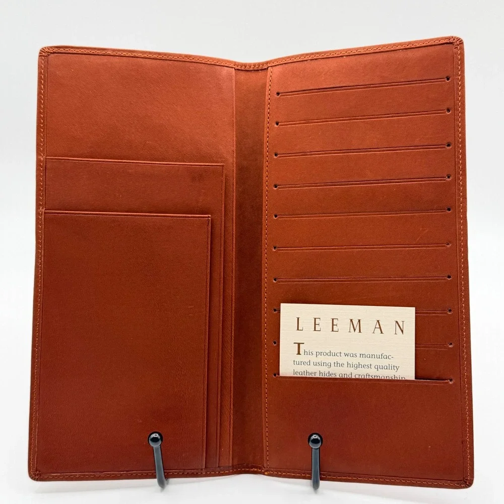 Leeman Long‎ Bifold Wallet Mens Cognac Brown Genuine Calf Skin Leather Slim READ